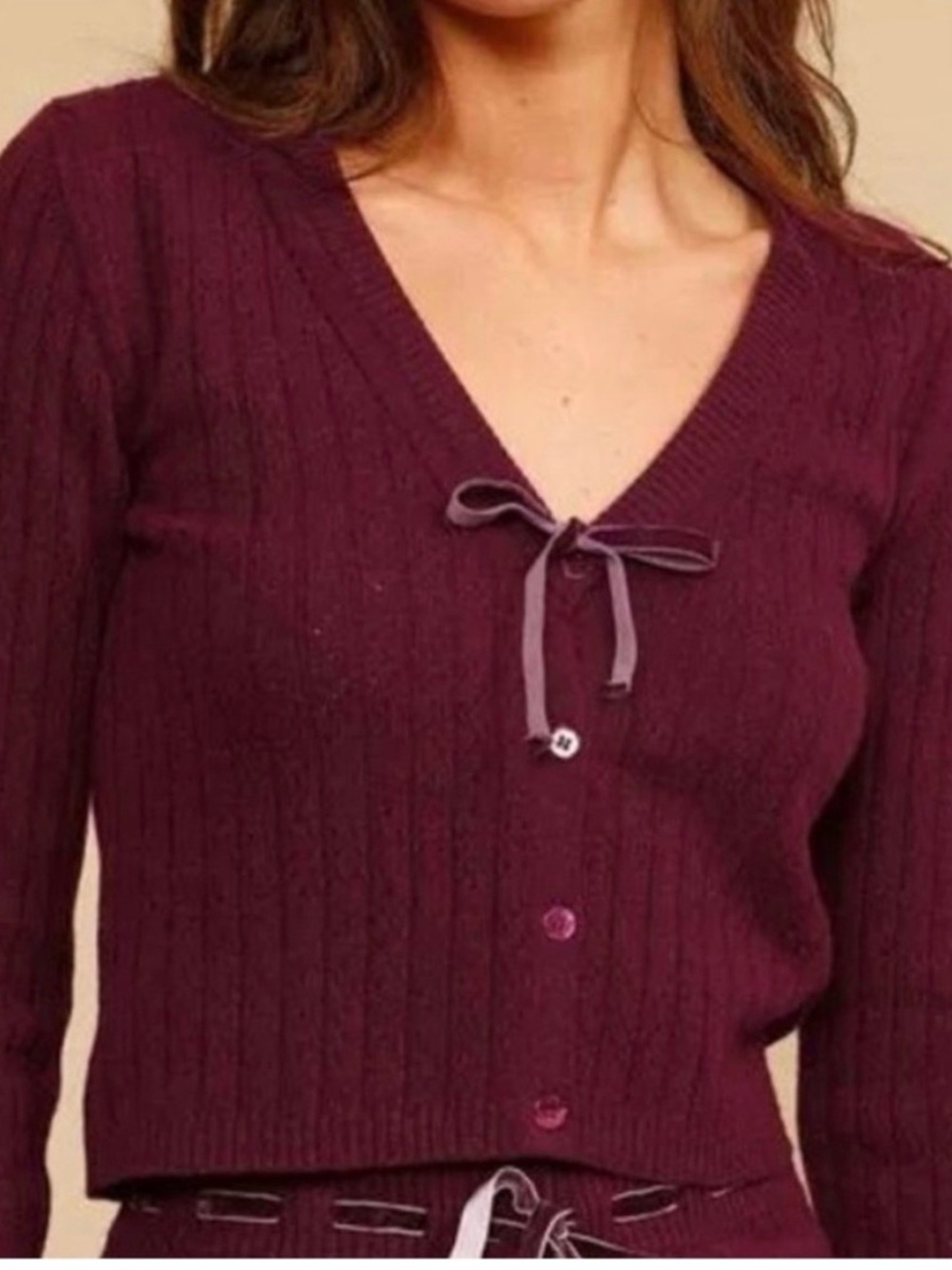 Rouje Cable Rib V-Neck Cardigan in Burgundy